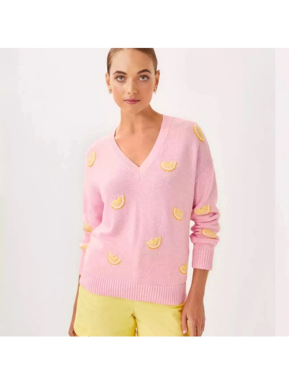 Lilly Pulitzer Tensley Sweater Lemon Embroidery large new Pink Muse